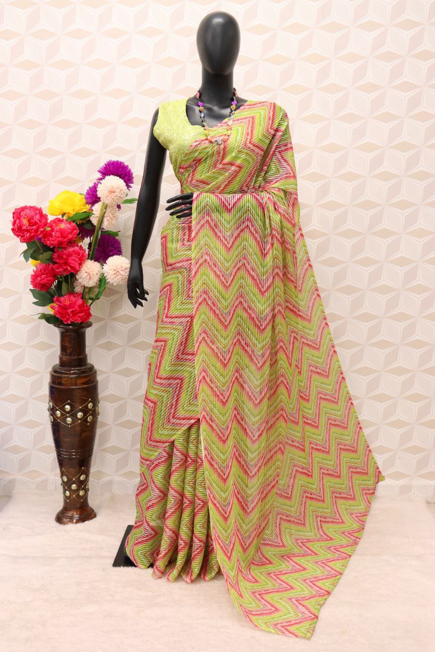 Parrot Green Saree In Georgette Silk With Digital Print
