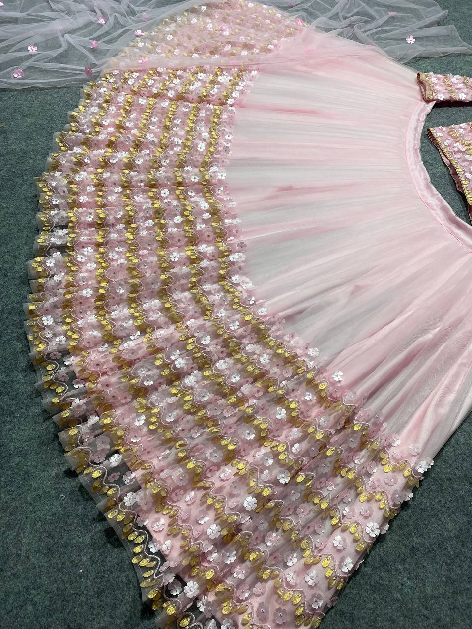 Pink Lehenga Choli In Butterfly Mono Net With Embroidery Work