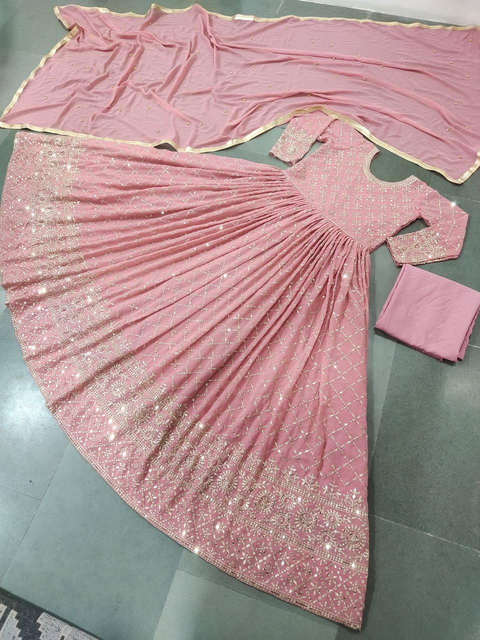 Pink Salwar Suit In Faux Georgette With Heavy Sequence Embroidery Work