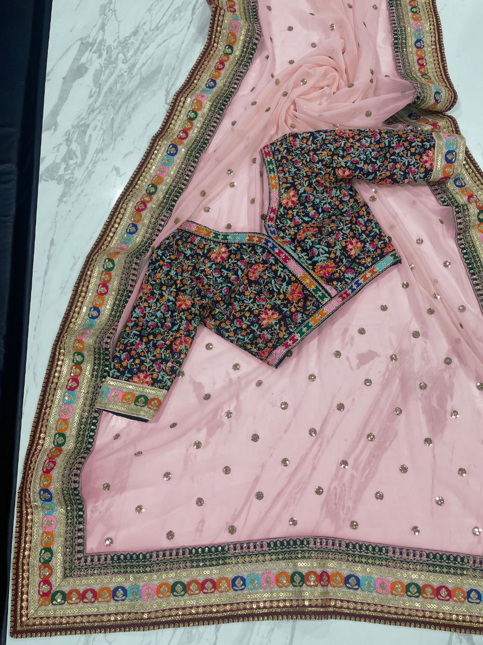 Pink Saree In Georgette Silk With Thread Sequence Work