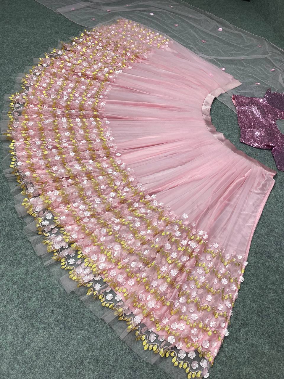Pink Lehenga Choli In Nylon Mono Net With Embroidery Work