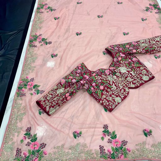 Pink Saree Organza Silk With Resham Work