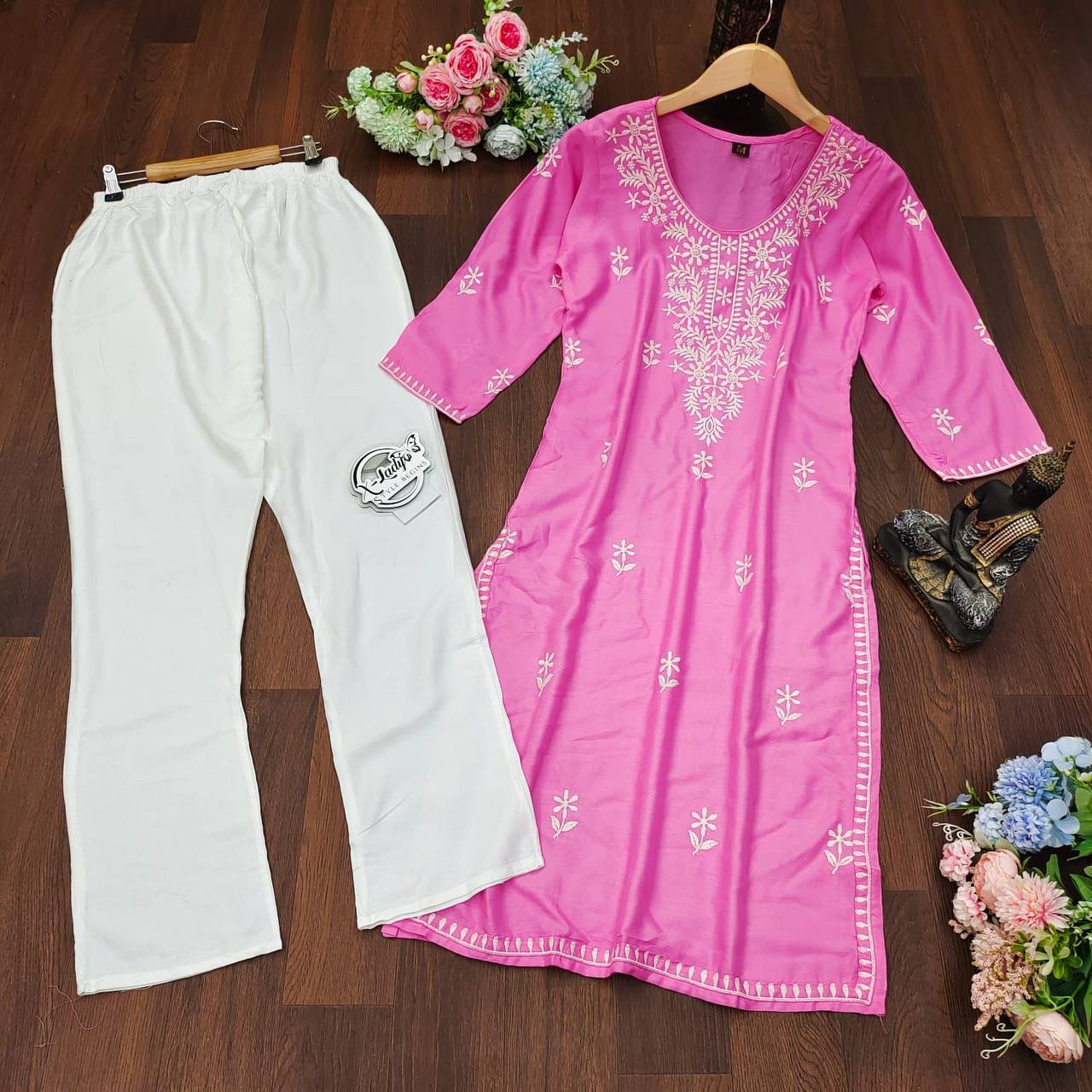Pink Palazzo Suit In Ryon Cotton With Embroidery Work