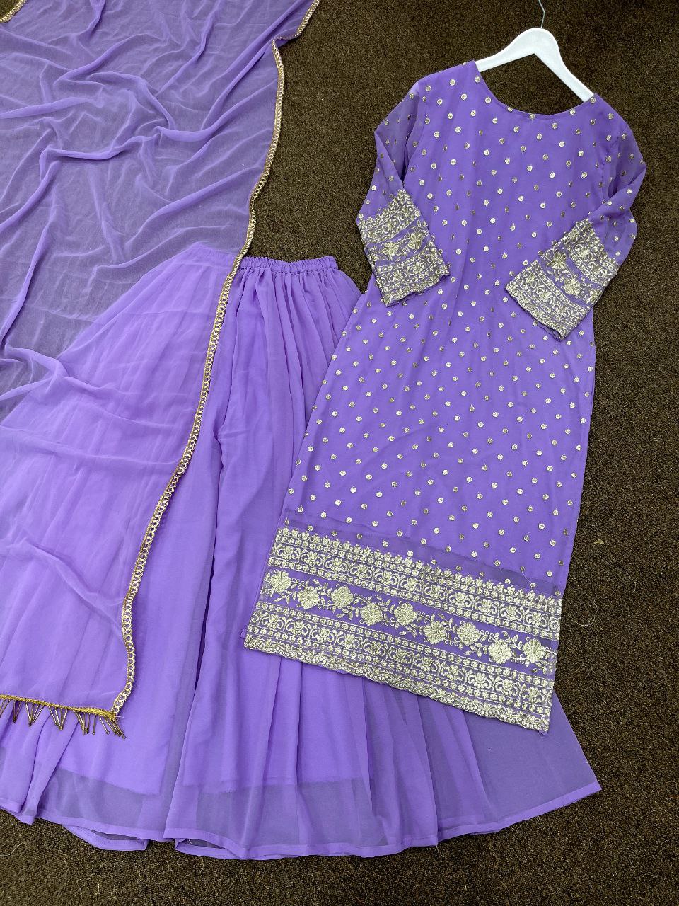 Purple Sharara Suit In Georgette Silk With Zari Embroidery Work