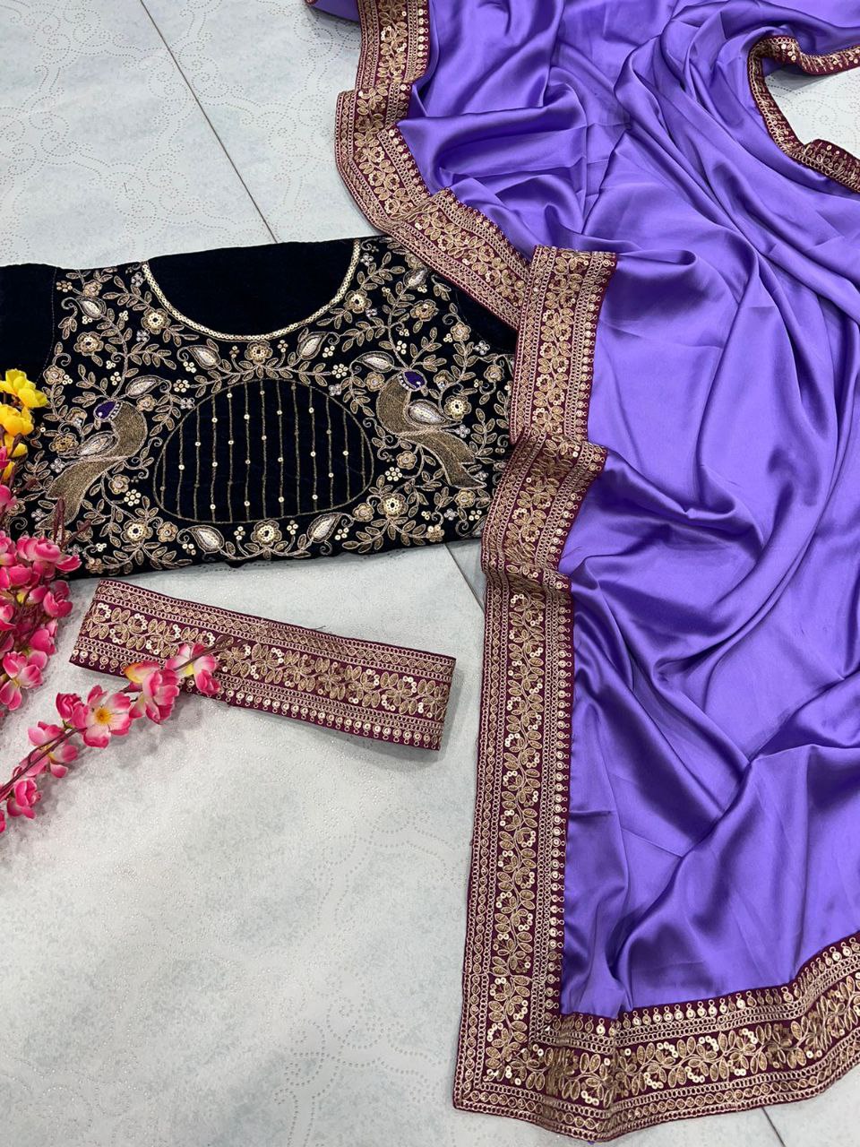 Purple Saree In Japan Satin With Embroidery Work