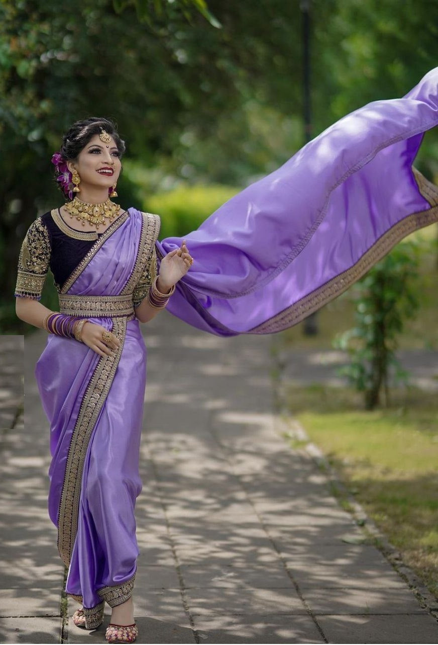 Purple Saree In Japan Satin With Embroidery Work