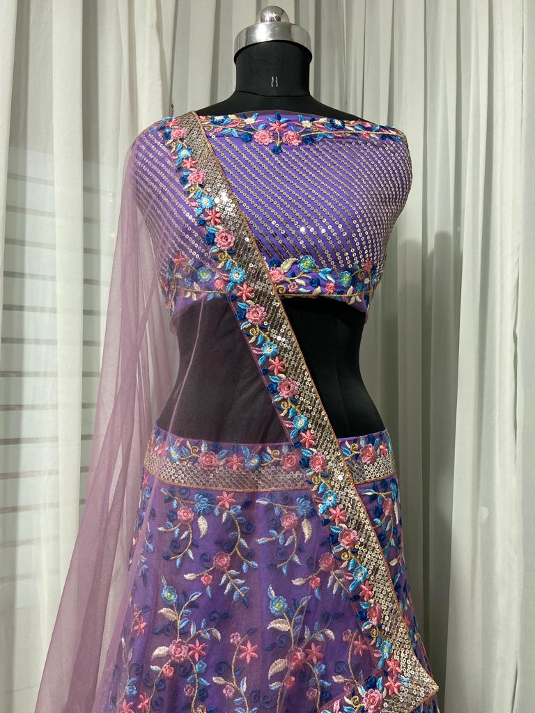 Purple Lehenga Choli In Nylon Mono Net With Embroidery Work