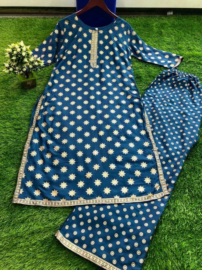 Rama Blue Salwar Suit In 14 KG Ryon With Gold Print