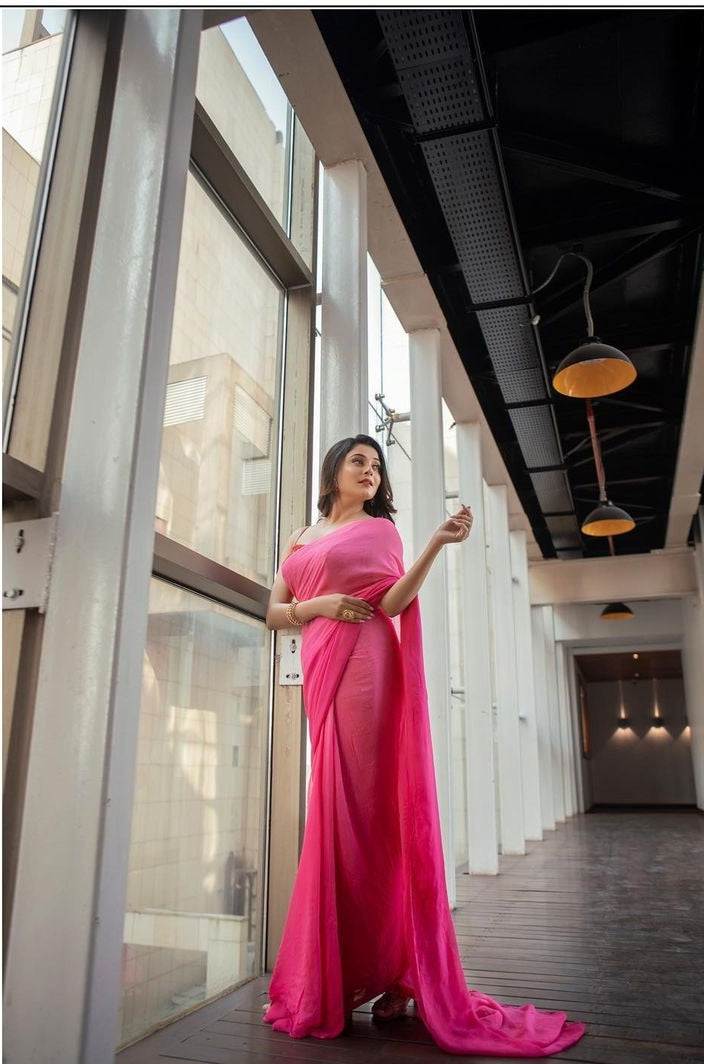 Rani Pink Saree In Georgette With Digital Print