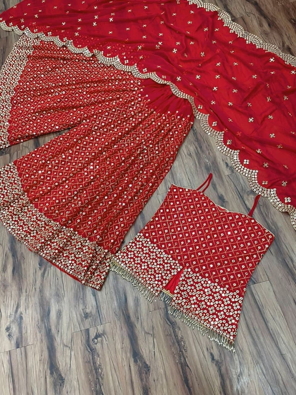 Red Georgette 9 MM Sequence Work Palazzo Suit