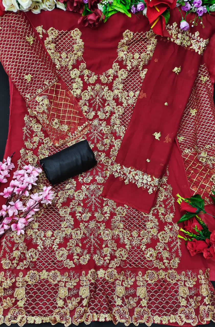 Red Salwar Suit In Georgette Silk With Embroidery Work