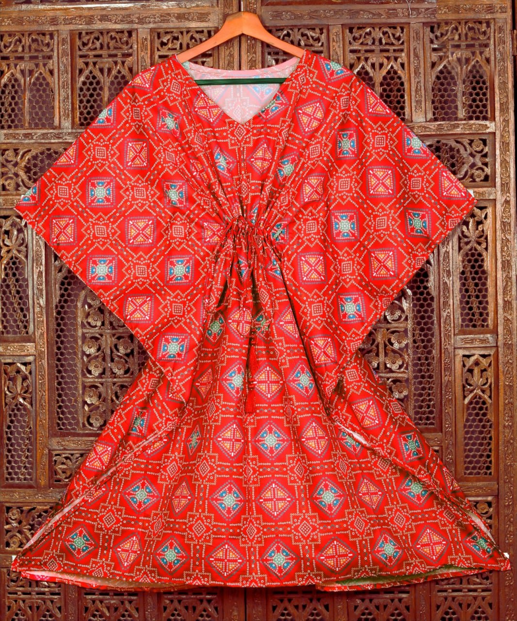 Red Heavy Butter Silk Digital Printed Kaftan Dress