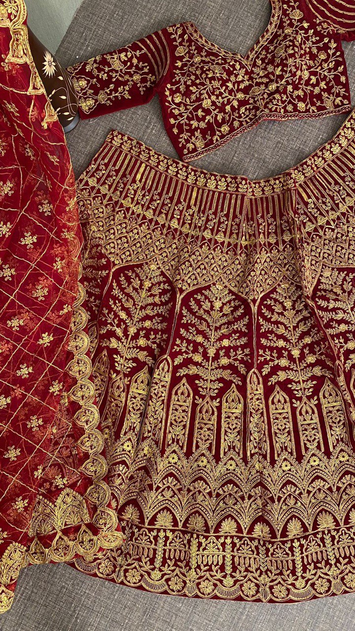 Red Lehenga Choli In Velvet With Cording Dori Work