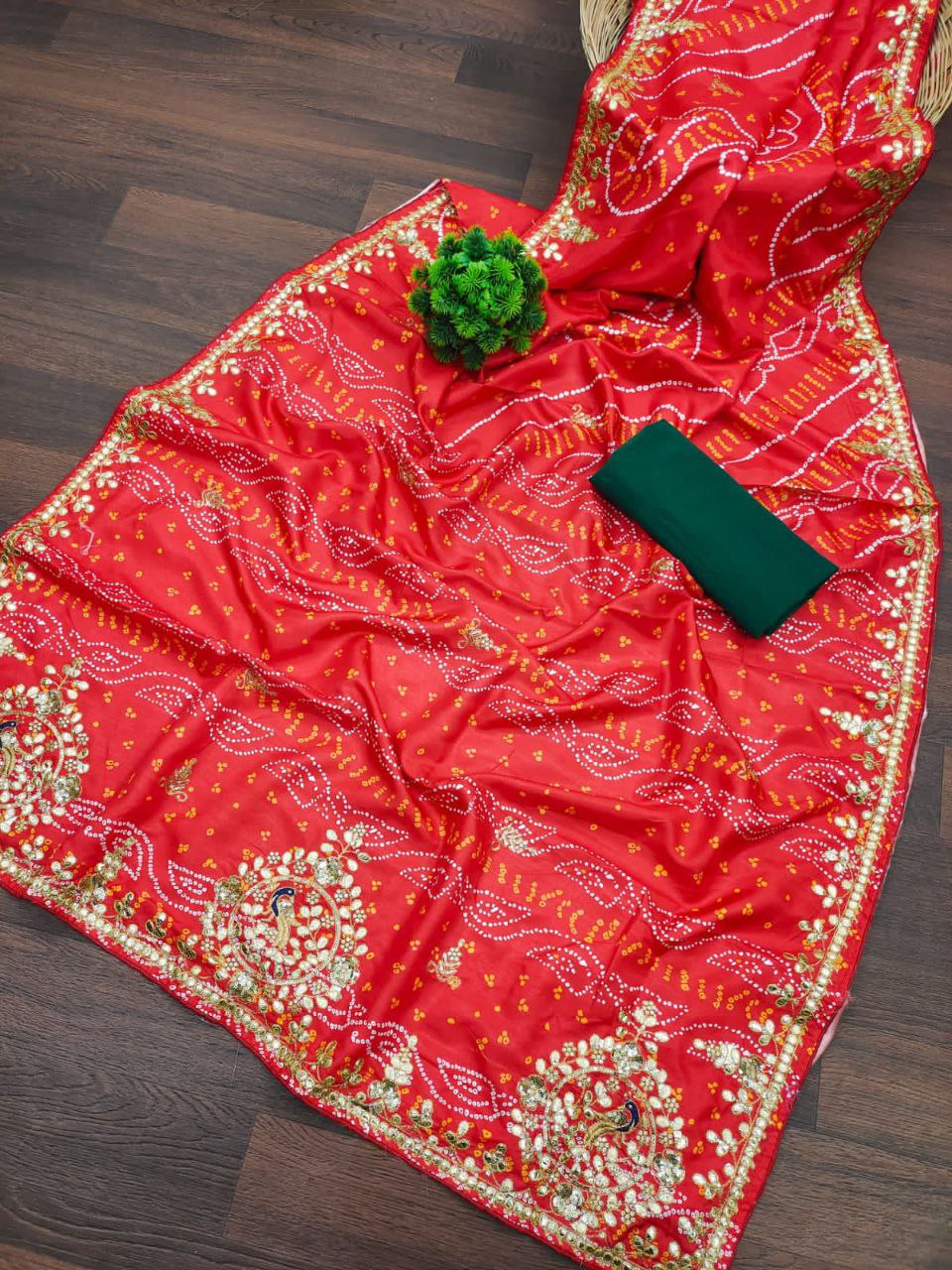 Red Saree Vichitra Slik With Embroidery Work