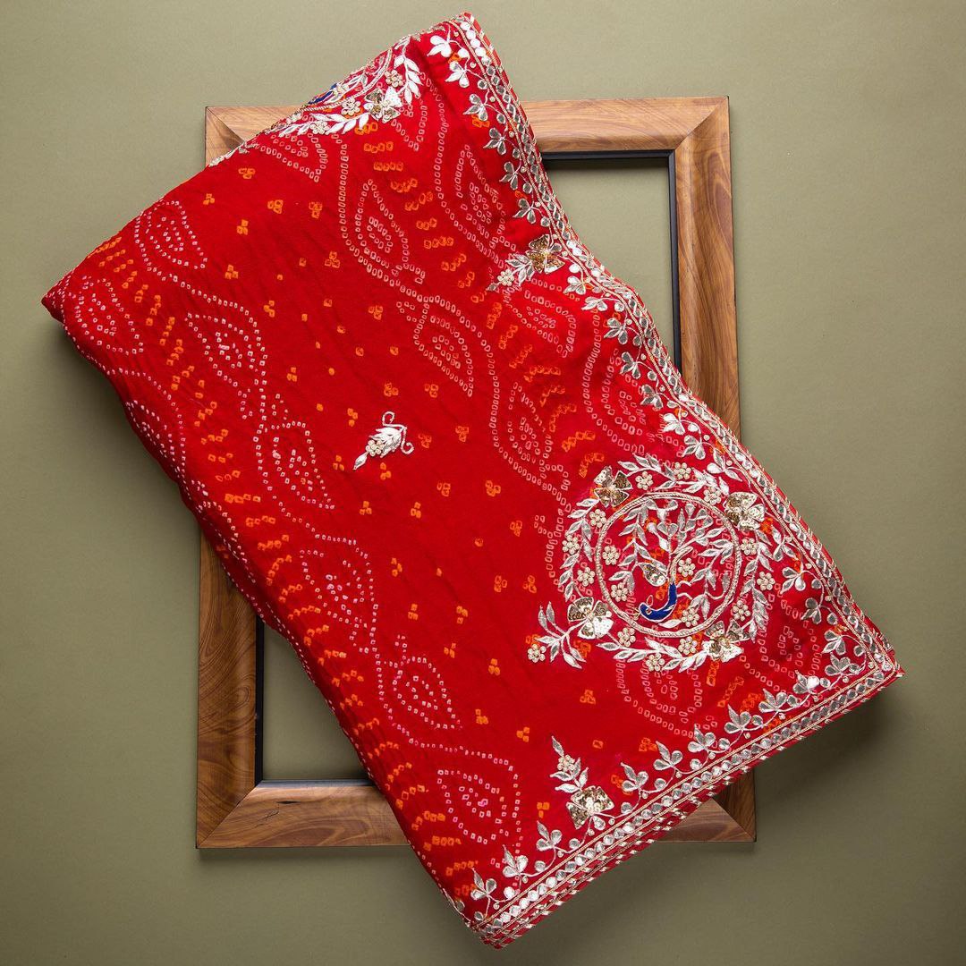 Red Saree Vichitra Slik With Embroidery Work