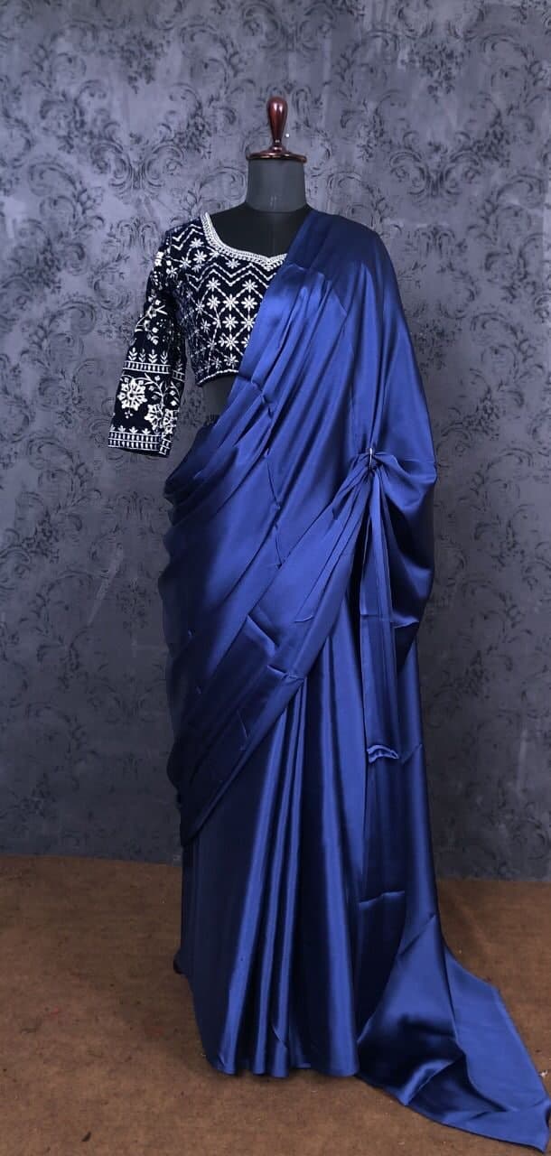 Royal Blue Saree In Japan Satin Silk With Plain