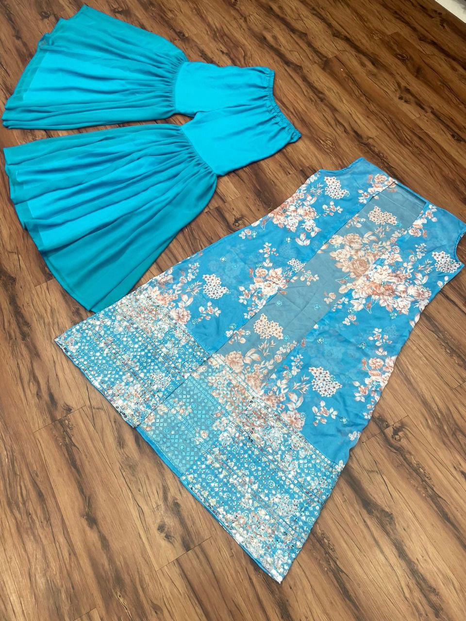Sky Blue Sharara Suit In Tabby Silk With Digital Print