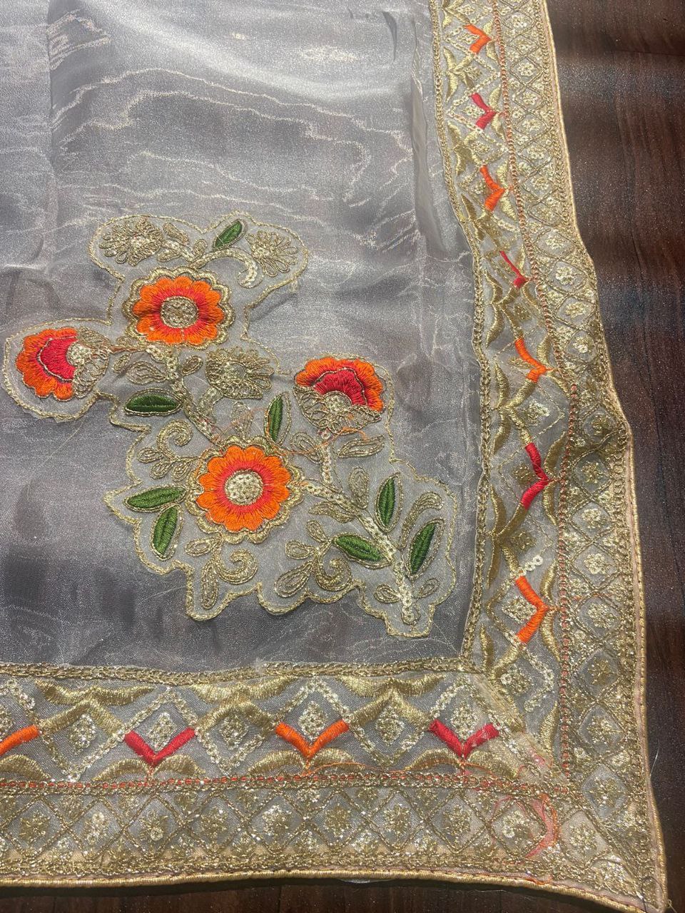 White Saree In Organza Silk With Embroidery Work Saree
