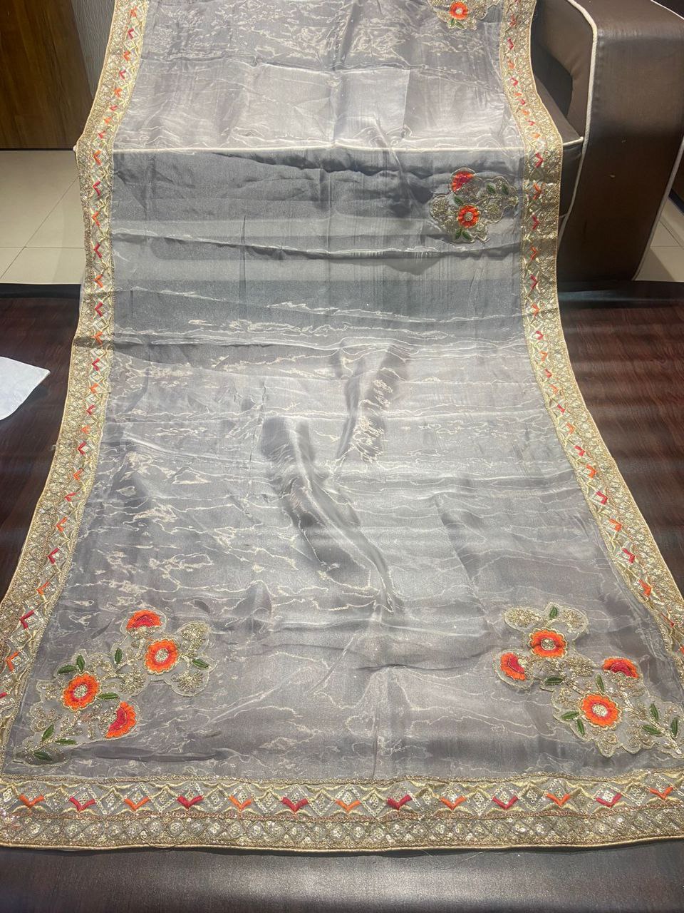 White Saree In Organza Silk With Embroidery Work Saree