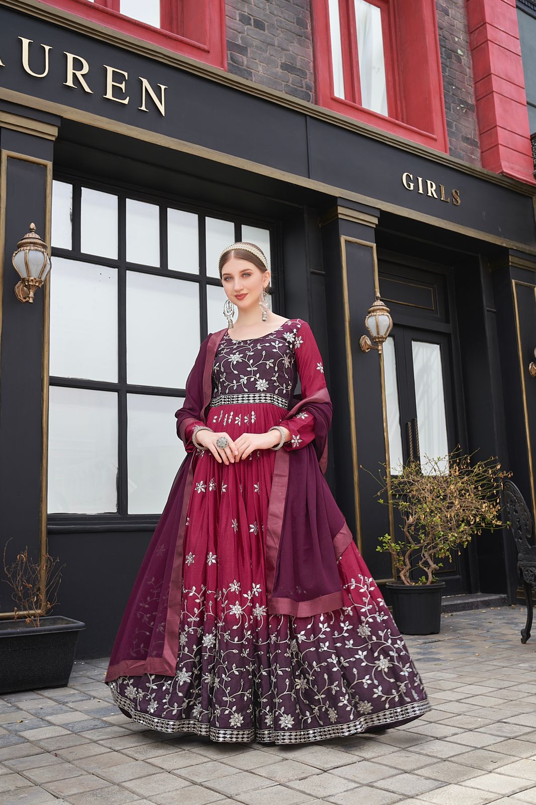 Wine Anarkali Suit In Chinon Silk With 9 MM Sequence Work