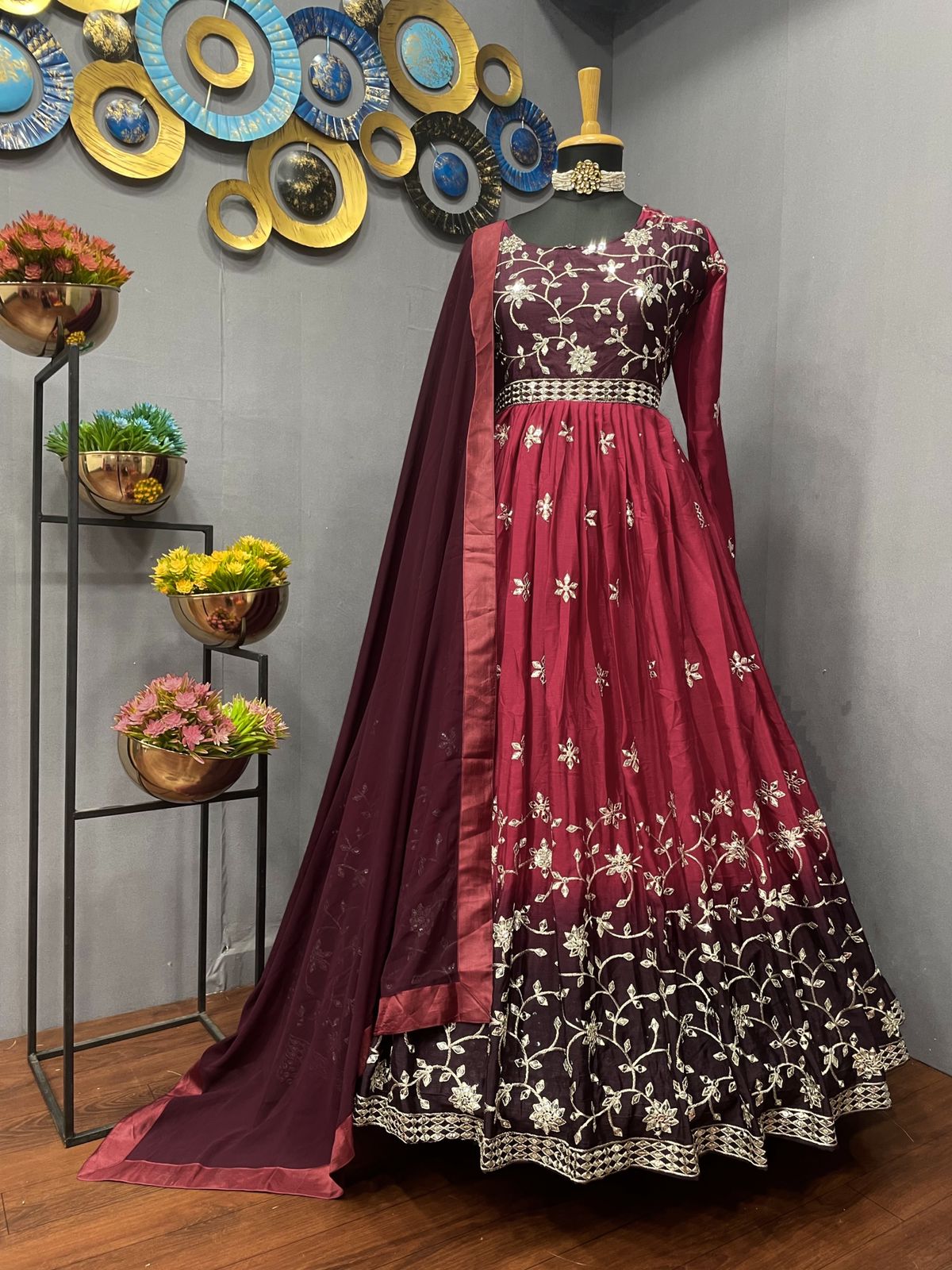 Wine Anarkali Suit In Chinon Silk With 9 MM Sequence Work