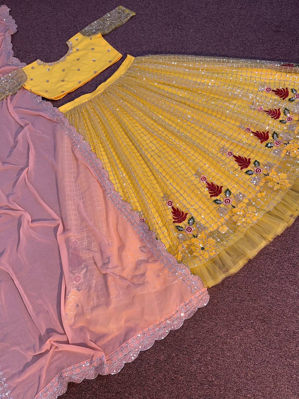 Yellow Lehenga Choli In Butterfly Mono Net With Embroidery Work