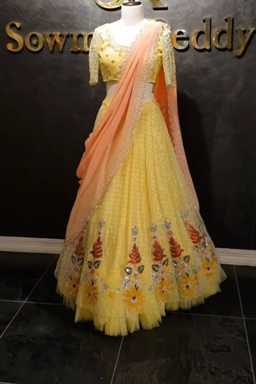 Yellow Lehenga Choli In Butterfly Mono Net With Embroidery Work