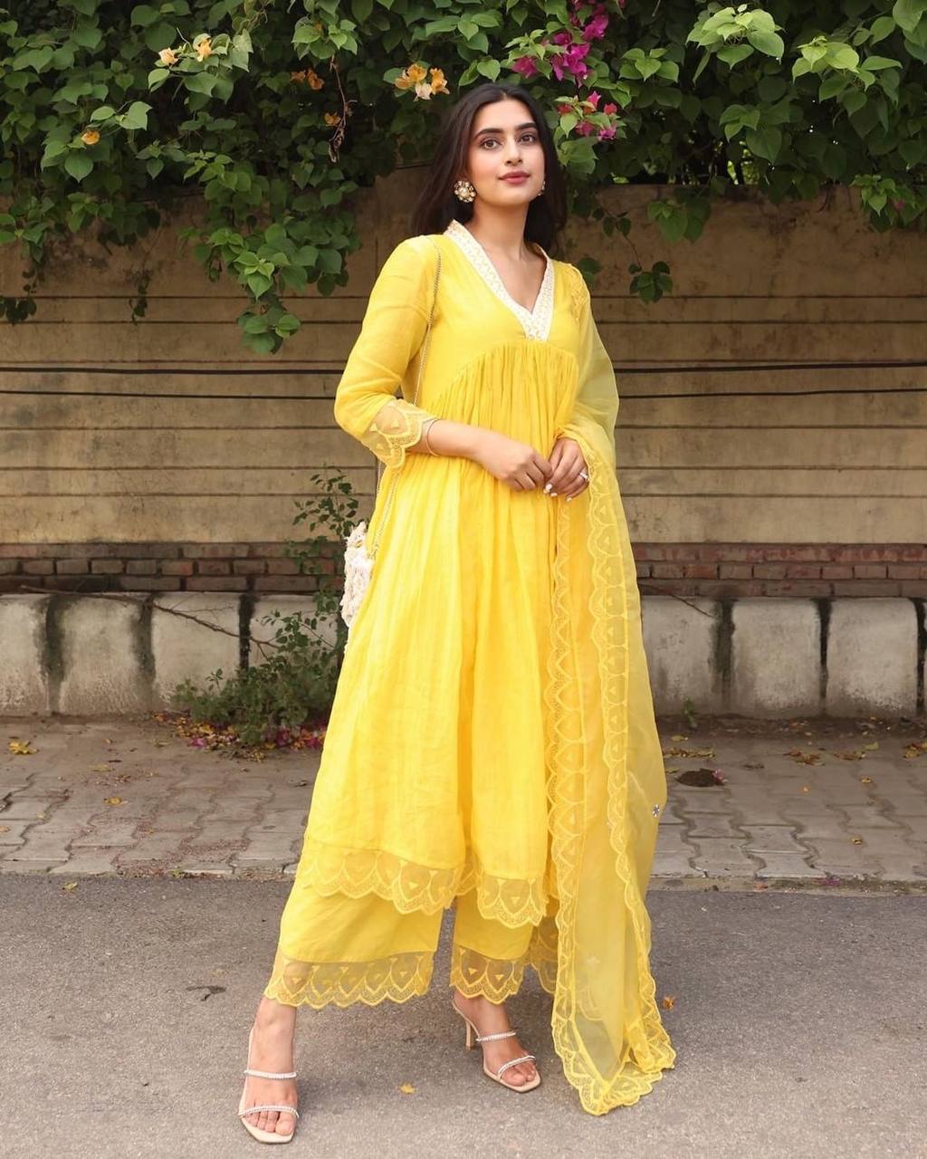 Yellow Anarkali Suit In Maska Cotton Silk With Embroidery Work
