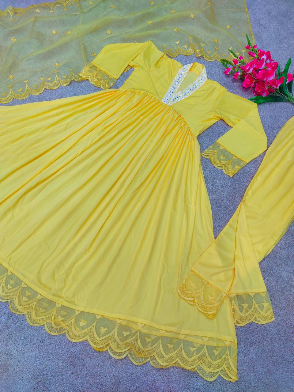 Yellow Anarkali Suit In Maska Cotton Silk With Embroidery Work