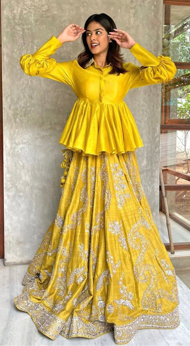 Yellow Lehenga Choli In Maslin Cotton With Embroidery Work