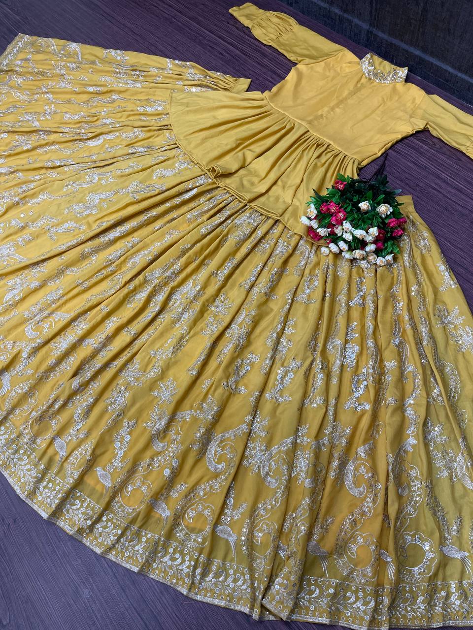 Yellow Lehenga Choli In Maslin Cotton With Embroidery Work