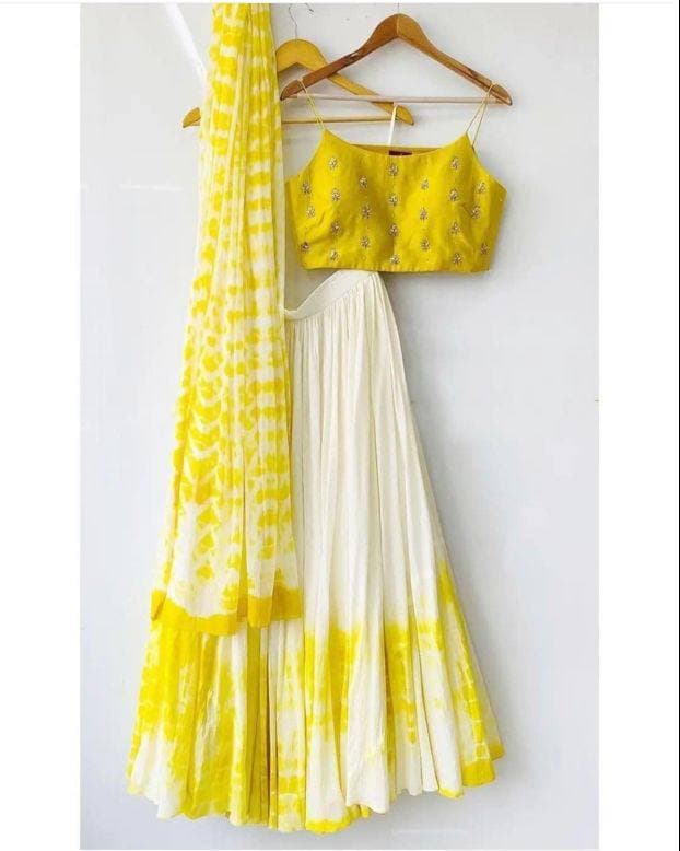 Yellow White Lehenga Choli In Georgette Silk With Shibori Printed
