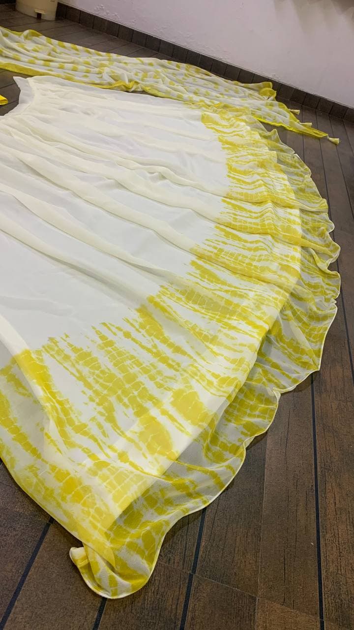 Yellow White Lehenga Choli In Georgette Silk With Shibori Printed