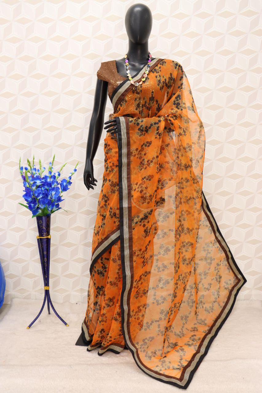 Orange Saree In Organza Silk With Digital Print