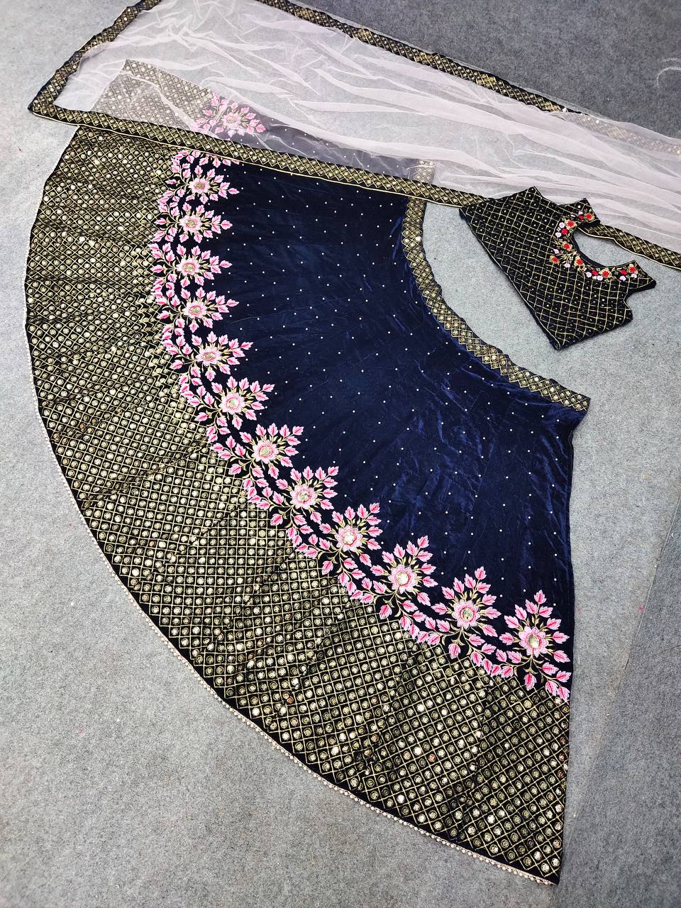 Navy Blue Lehenga Choli In Viscose Velvet With Embroidery Work