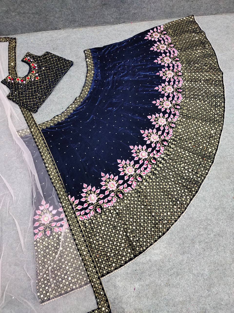 Navy Blue Lehenga Choli In Viscose Velvet With Embroidery Work