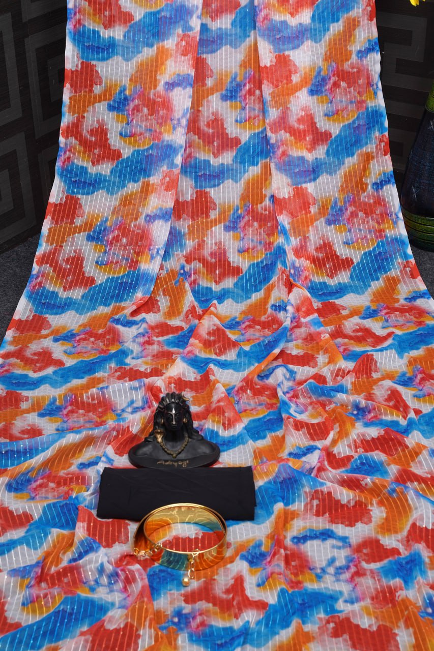Orange Saree In Georgette Silk With Digital Print