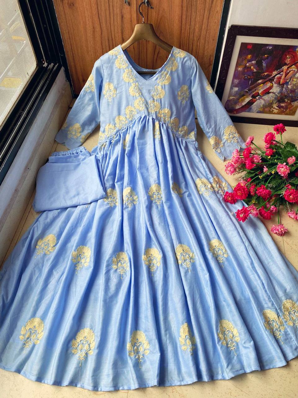 Sky Blue Anarkali Suit In Maslin Cotton With Embroidery Work
