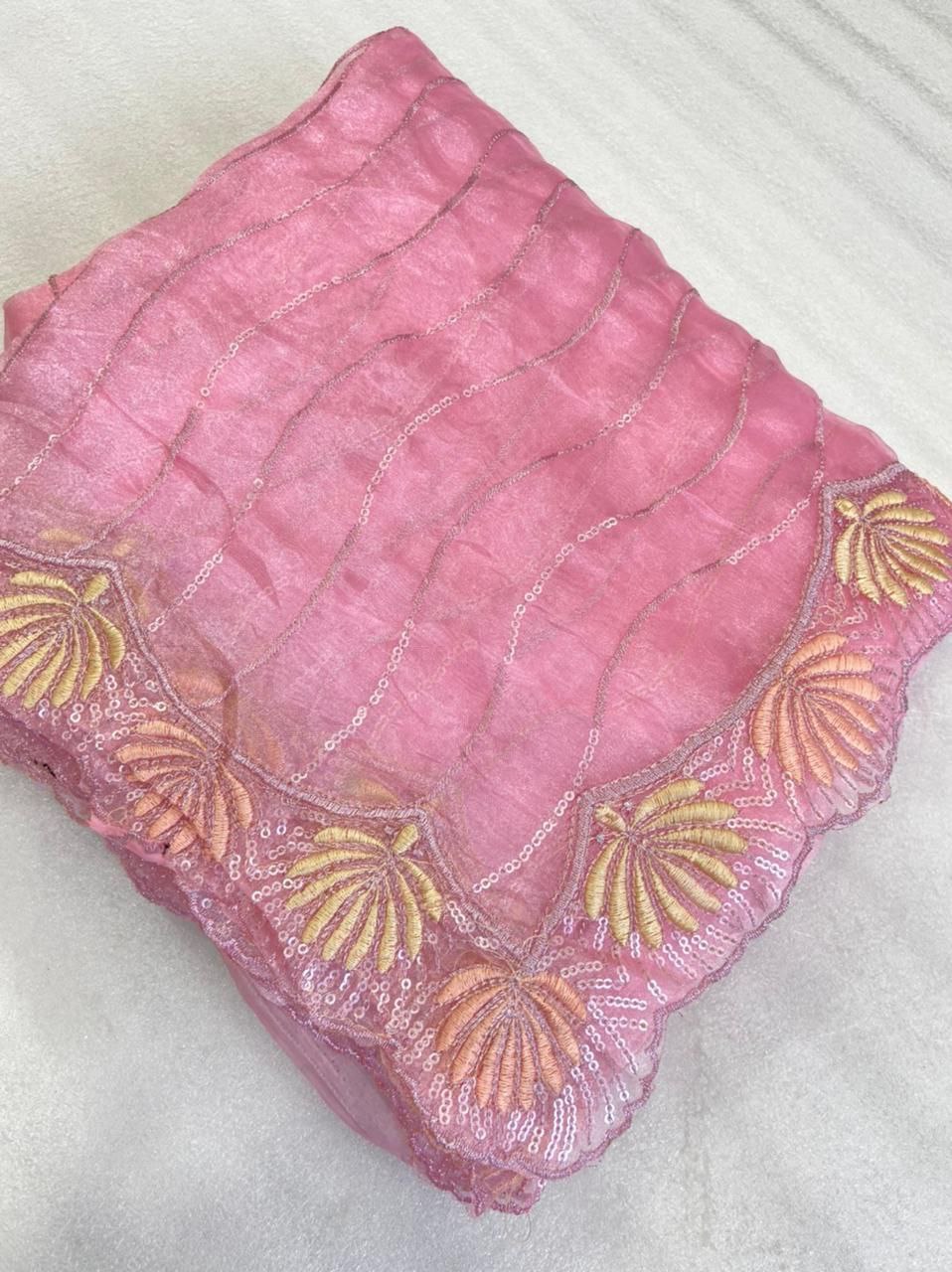 Pink Saree In Organza Silk With Embroidery Work