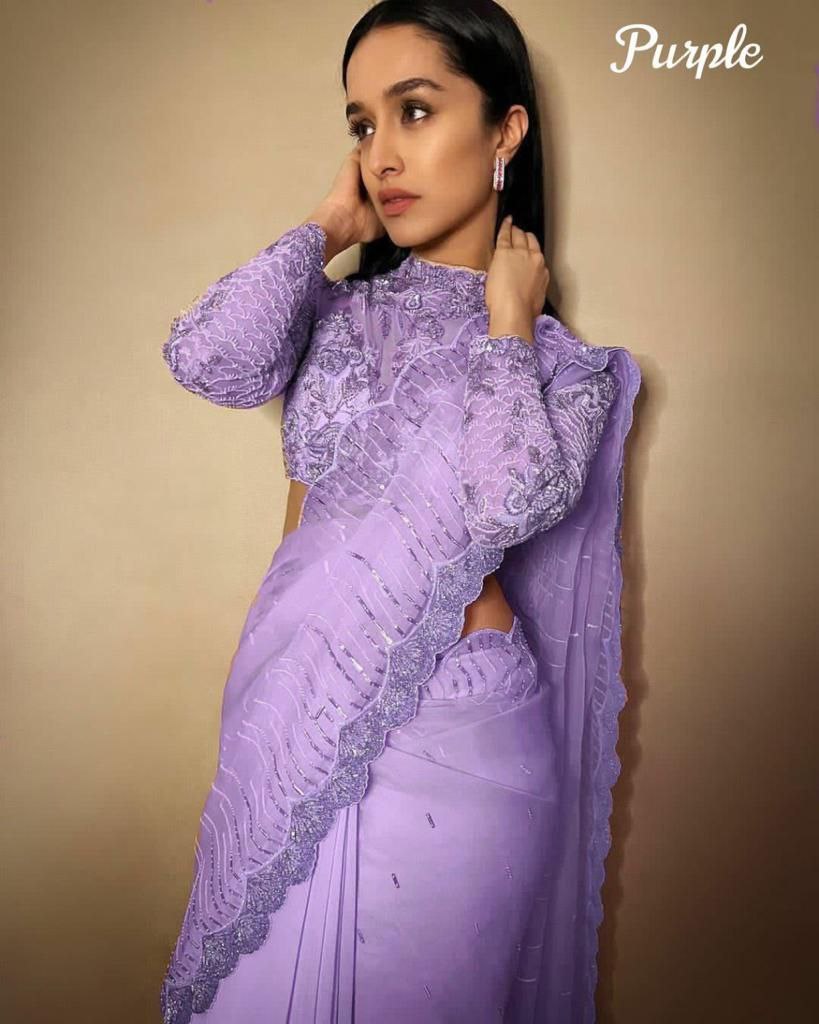 Purple Saree In Organza Silk With Embroidery Work
