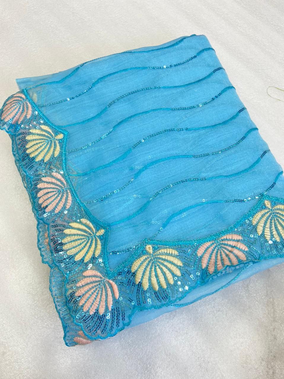 Firozi Saree In Organza Silk With Embroidery Work