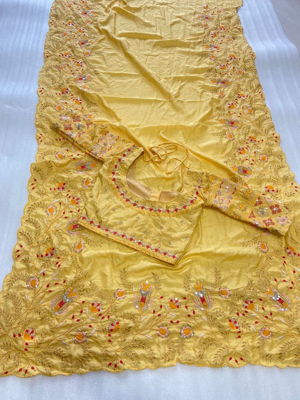 Yellow Saree In Dola Silk With Embroidery Work