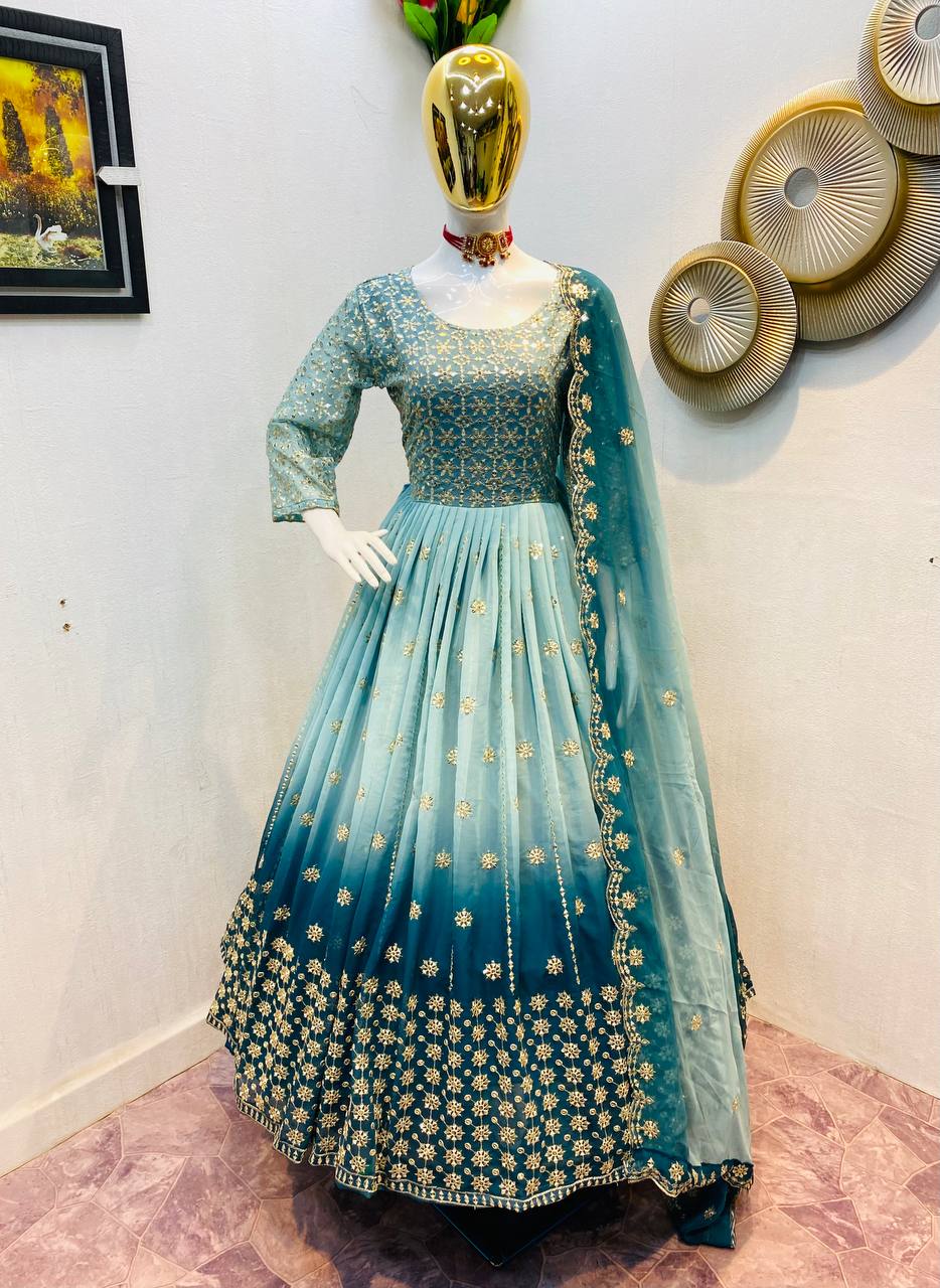 Aqua Anarkali Suit In Fox Georgette With 5 MM Sequence Work