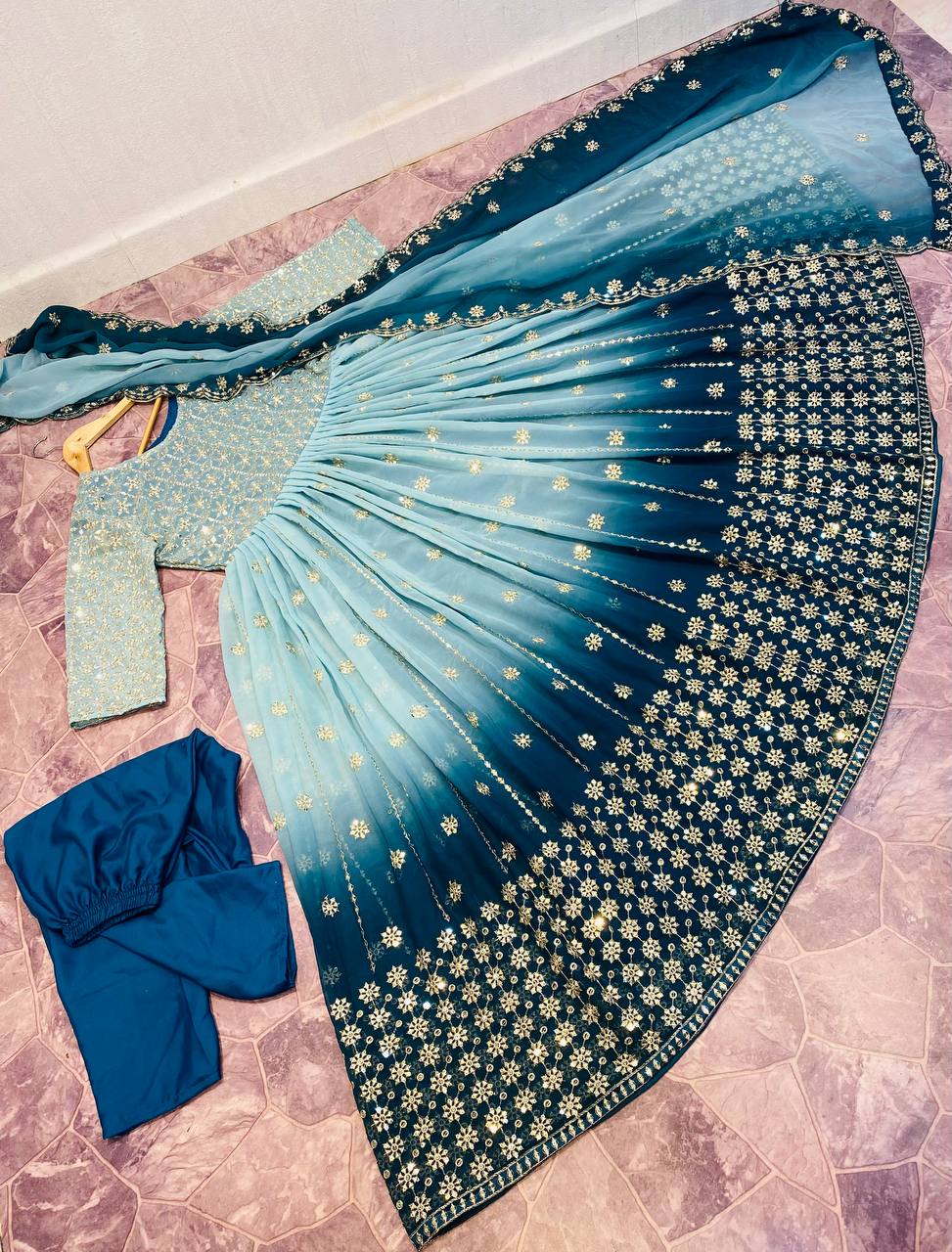 Aqua Anarkali Suit In Fox Georgette With 5 MM Sequence Work