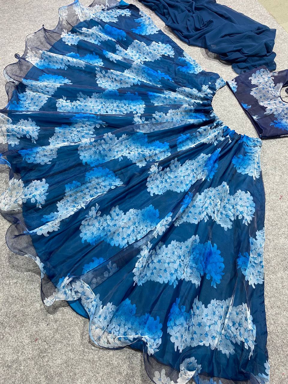 Navy Blue Lehenga Choli In Organza Silk With Digital Print