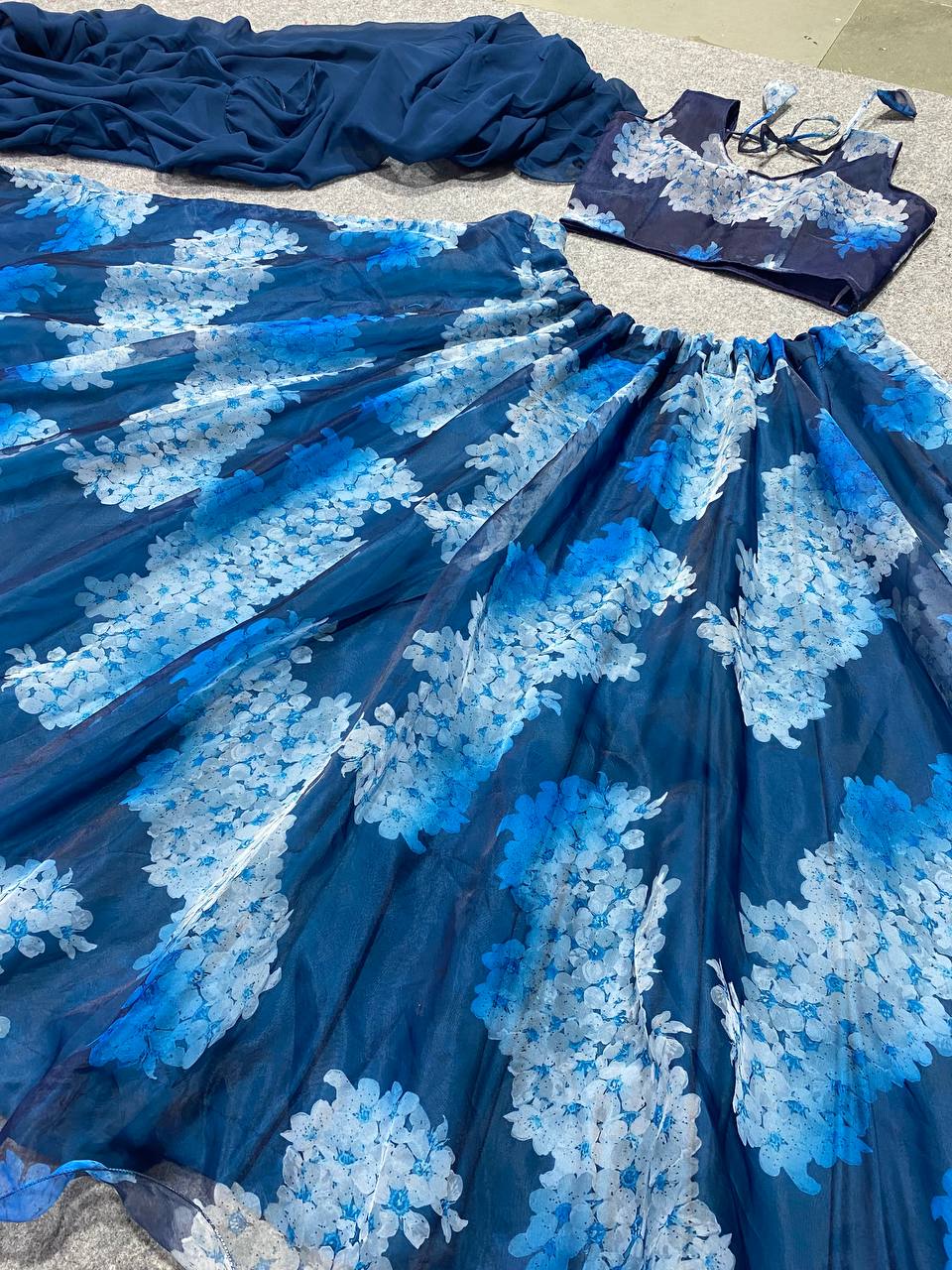 Navy Blue Lehenga Choli In Organza Silk With Digital Print