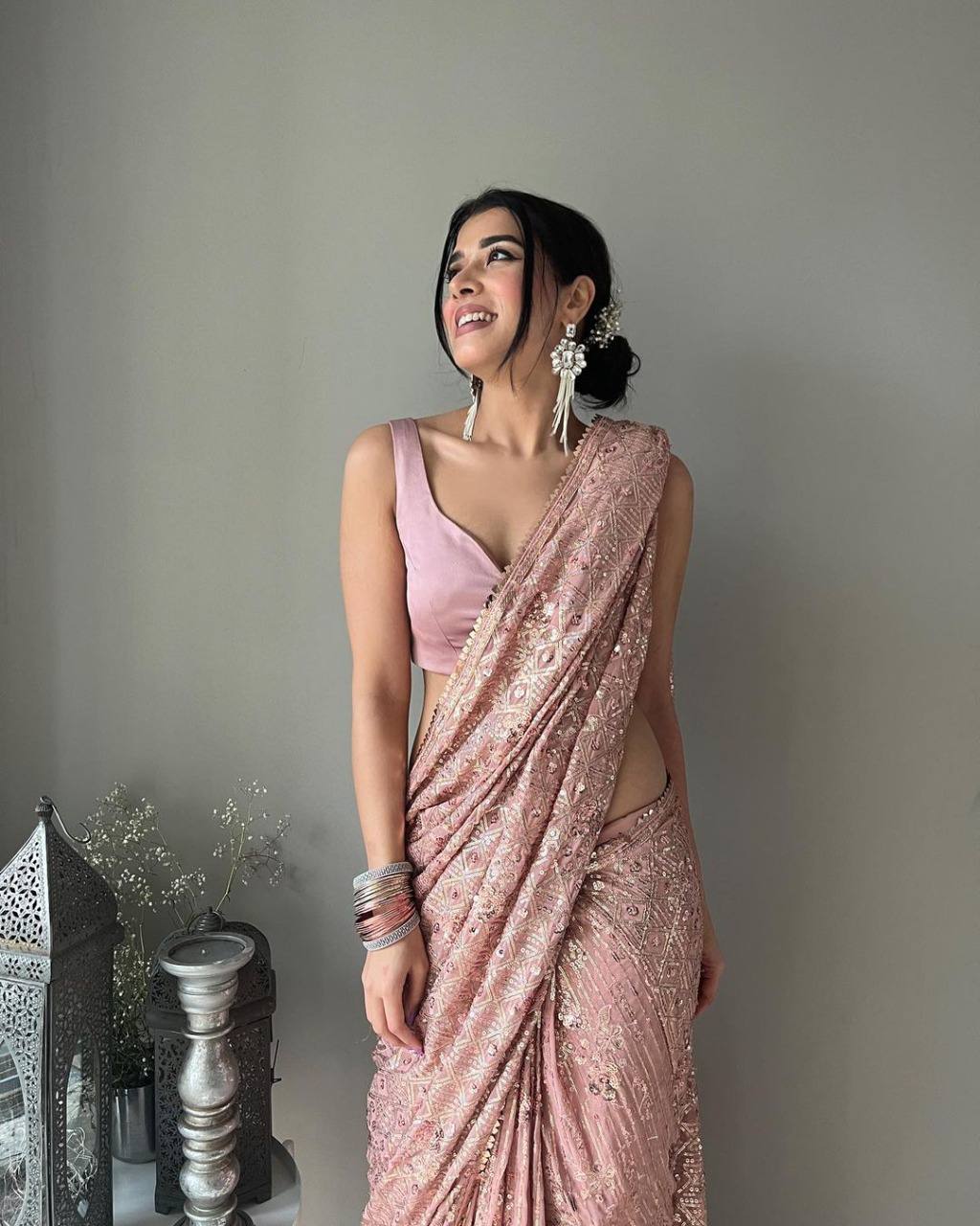 Peach Saree In Fox Georgette With Sequence Work