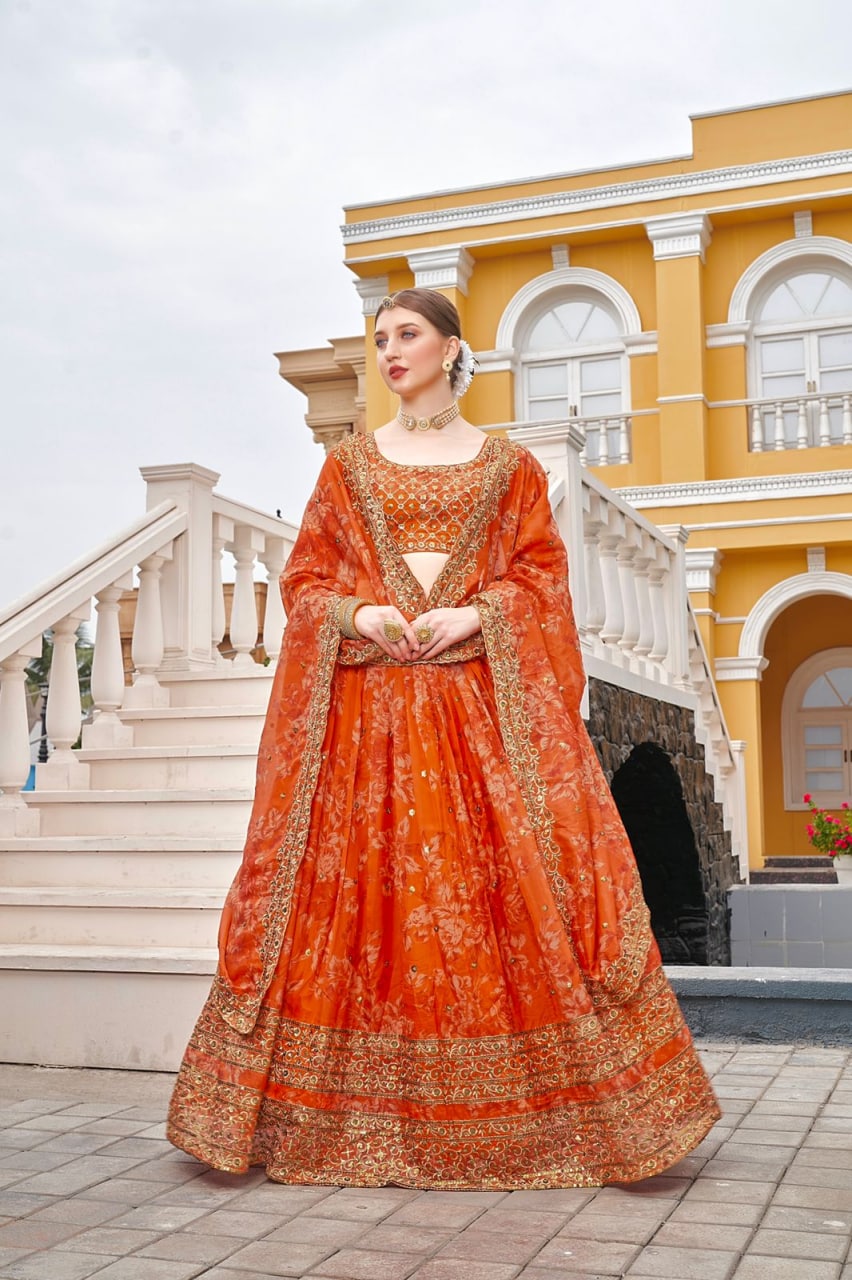 Orange Lehenga Choli In Organza Silk With Embroidery Work
