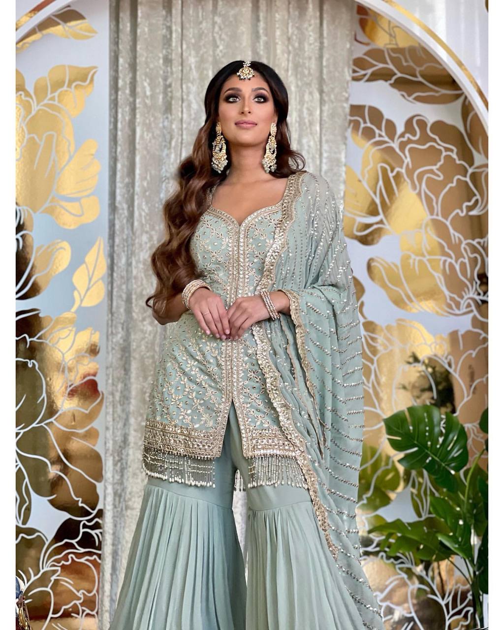 Light Aqua Sharara Suit In Georgette Silk With Embroidery Paper Mirror Work