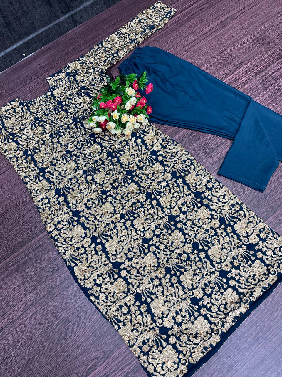 Rama Blue Salwar Suit In Georgette Silk With Chain Sequence Work